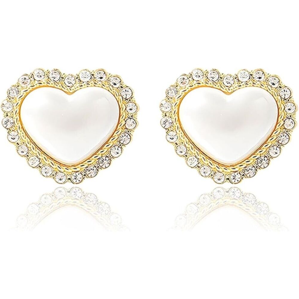 Gold Tone Faux Pearl Heart Stud Earrings with Crystal‎ Halo Cubic Zirconia